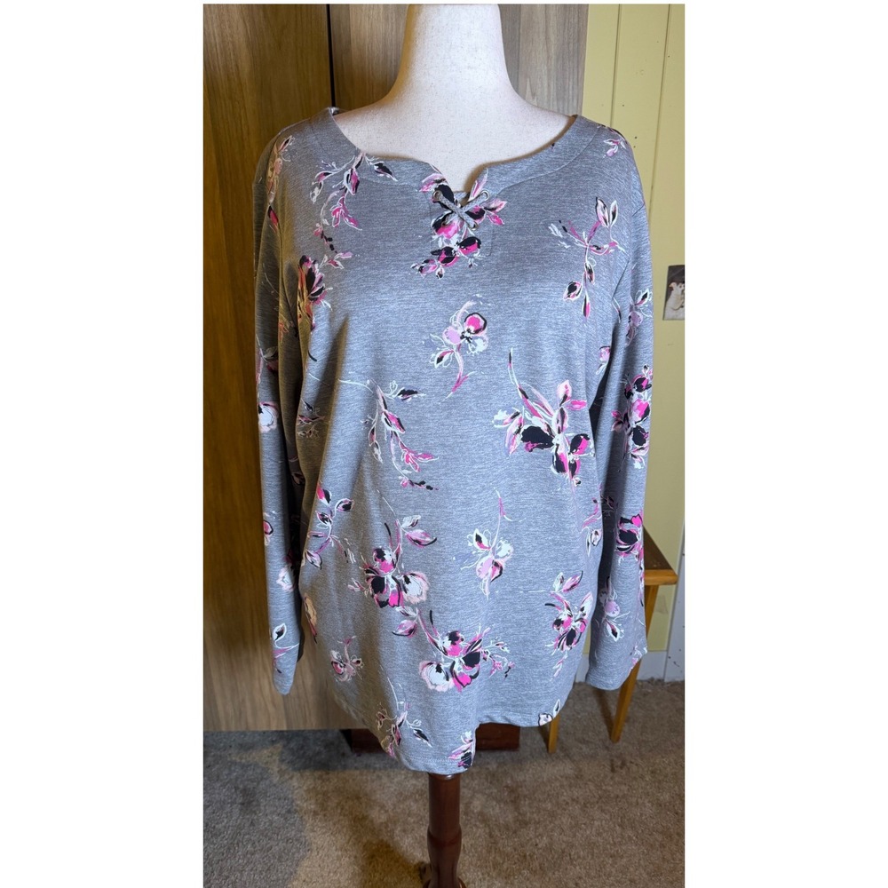 518. Croft & Barrow 3X Gray Pink Floral Lace Up Neck Long Sleeve Top - Picture 2 of 5